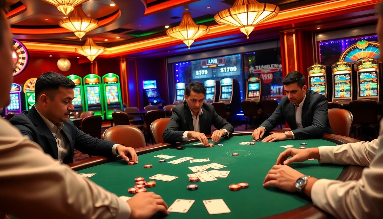 A vibrant poker game scene at u888.com with players in action, poker chips, and a roulette wheel.