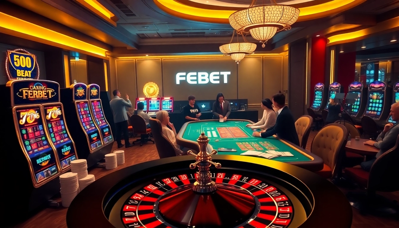 Experience the thrilling excitement of FEBET with vibrant slot machines and professional players at a casino table.