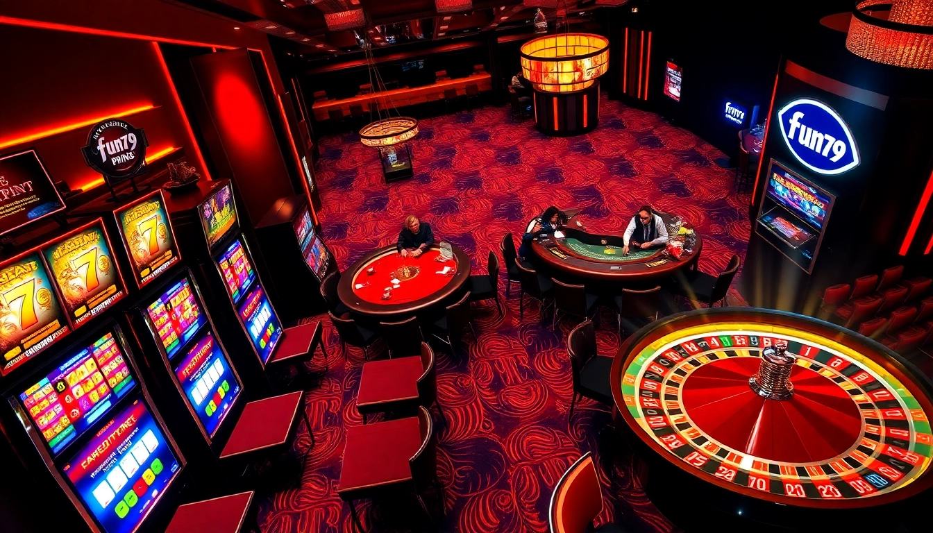 Exciting casino scene featuring fun79 branding with players at poker and slot machines.