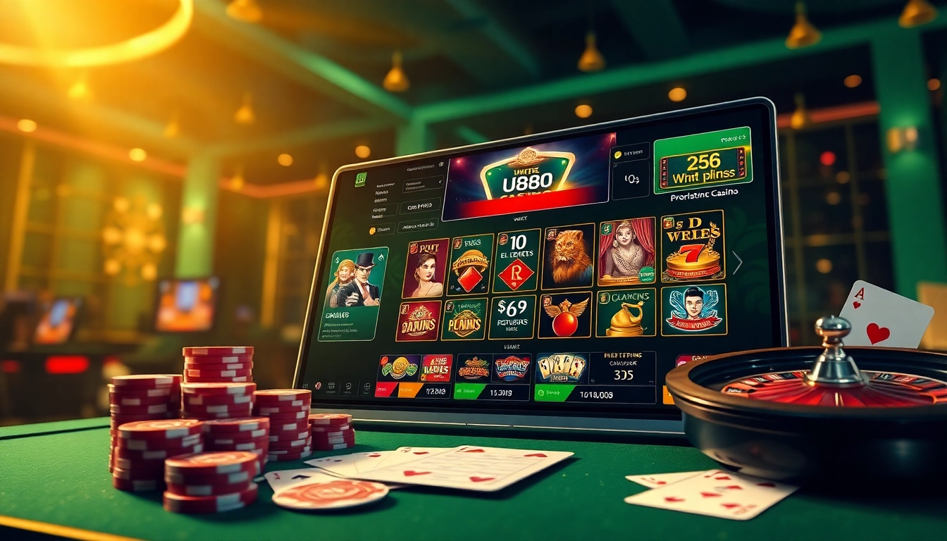 Experience intense action and luxury with uu88's online gambling interface full of poker chips, cards, and roulette wheels.