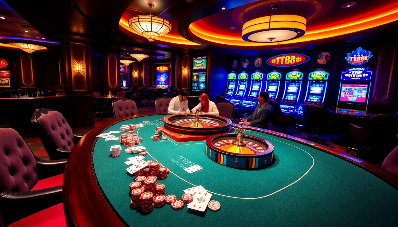 TT88 gaming table with vibrant chips and cards, featuring an engaging atmosphere for gamblers.