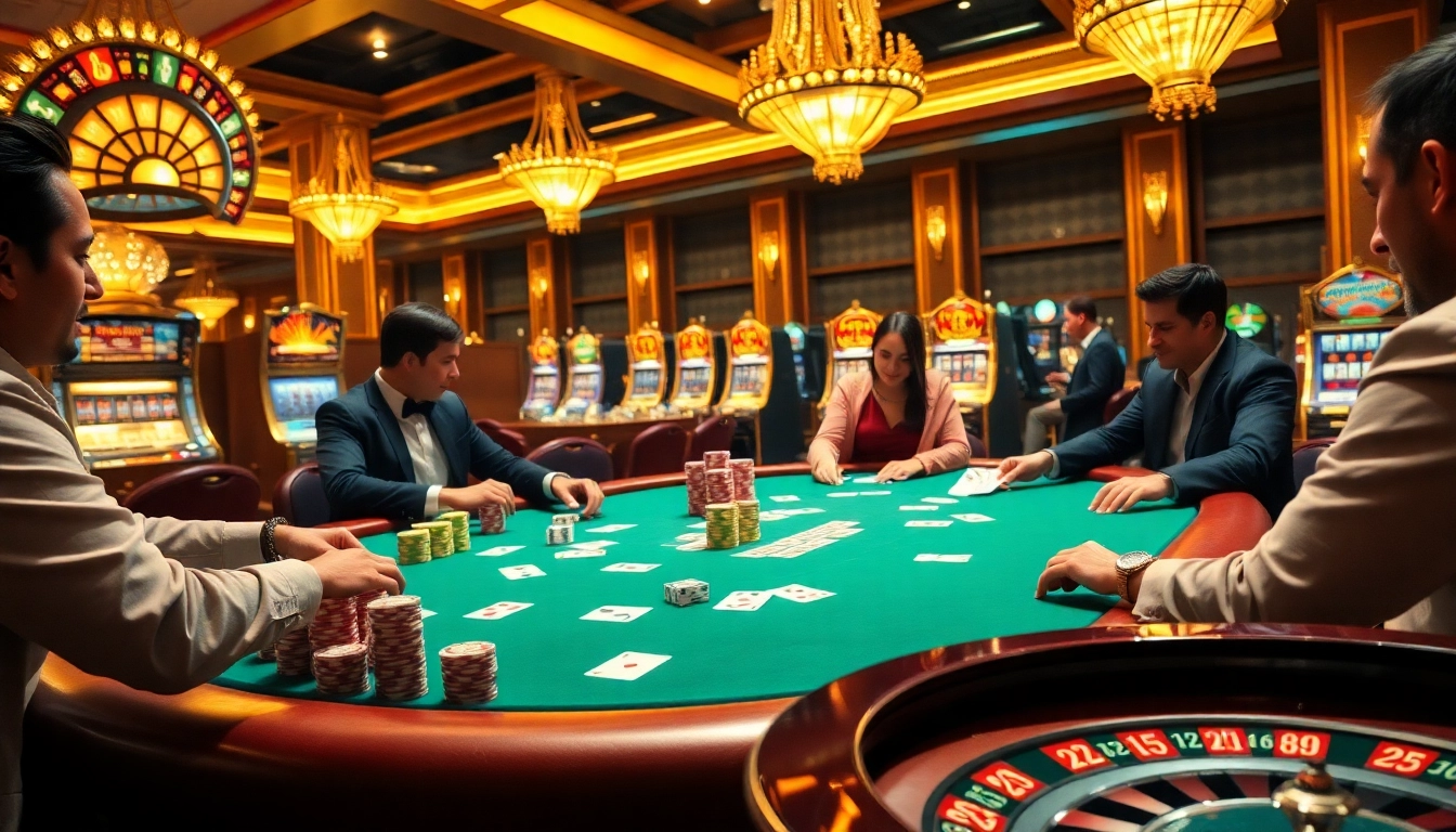 Engaged players at a casino ee88 poker table amid colorful chips and warm lighting.