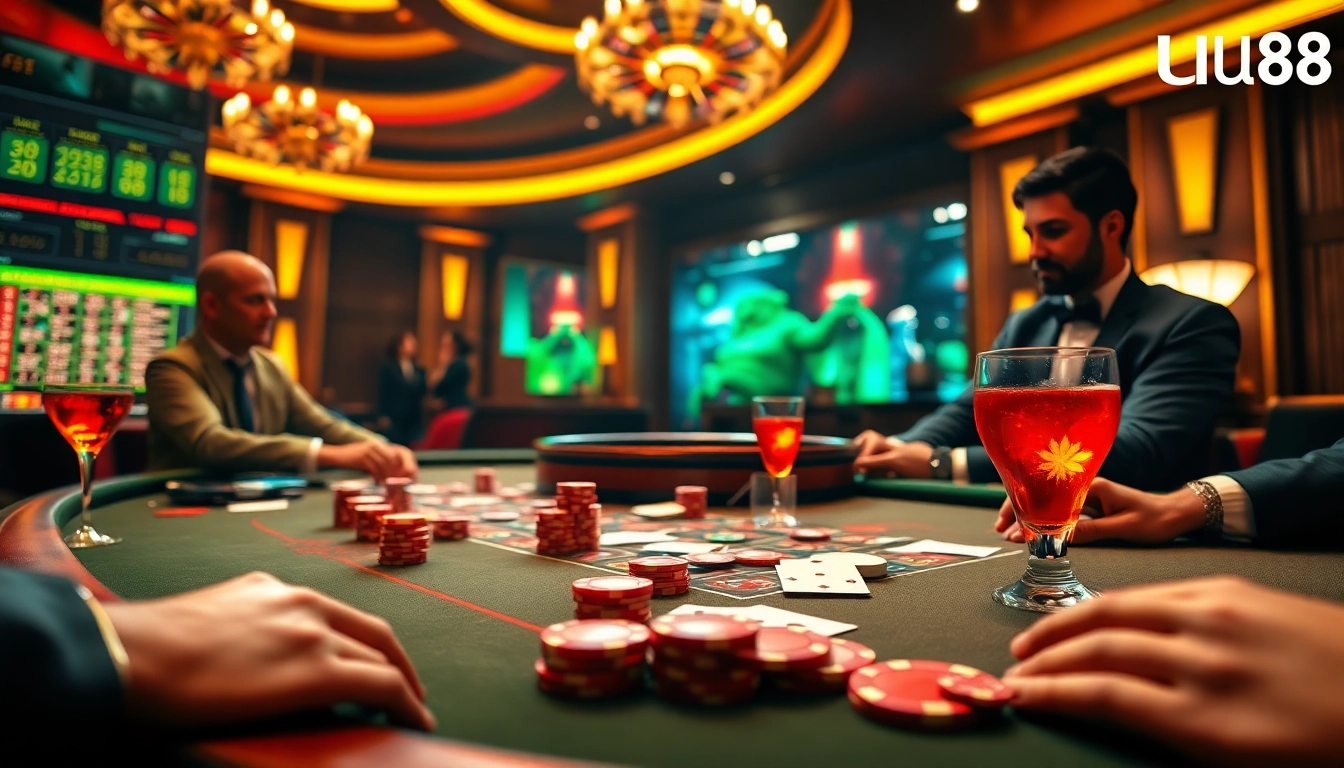 Engage with thrilling gameplay at uu88 with vibrant poker chips, cards, and a roulette wheel.