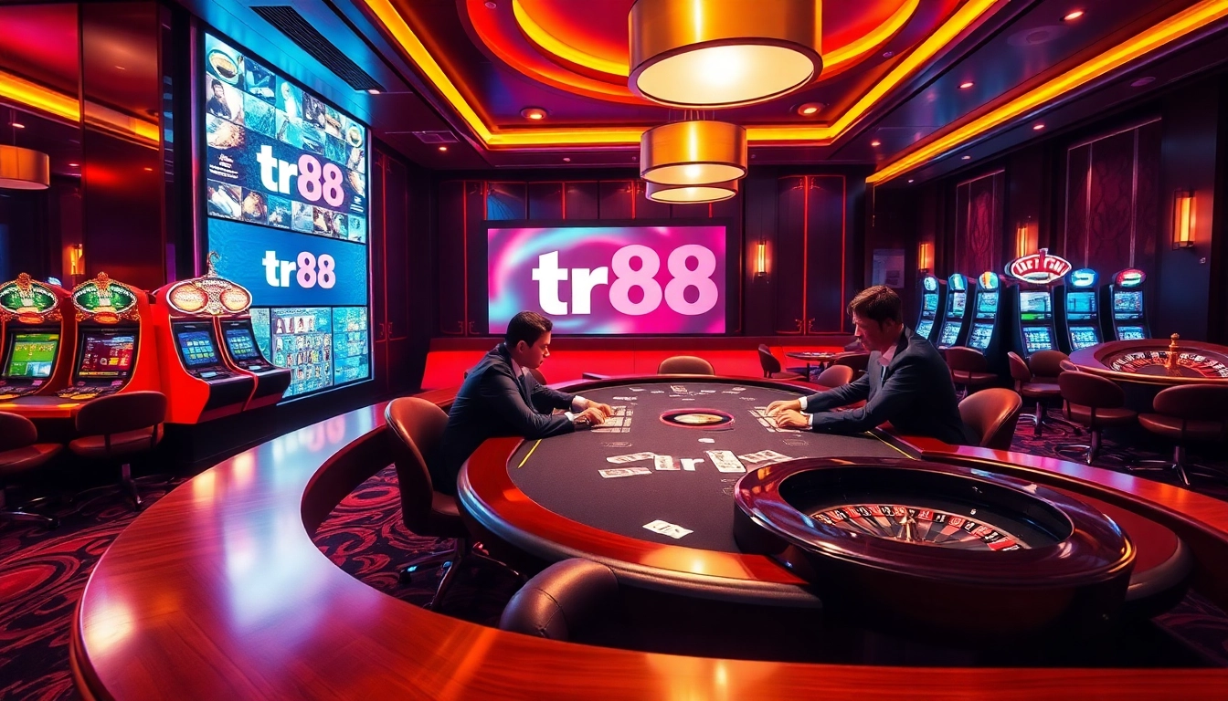 Engaged players strategizing at a poker table in a luxury casino gaming environment showcasing tr88.