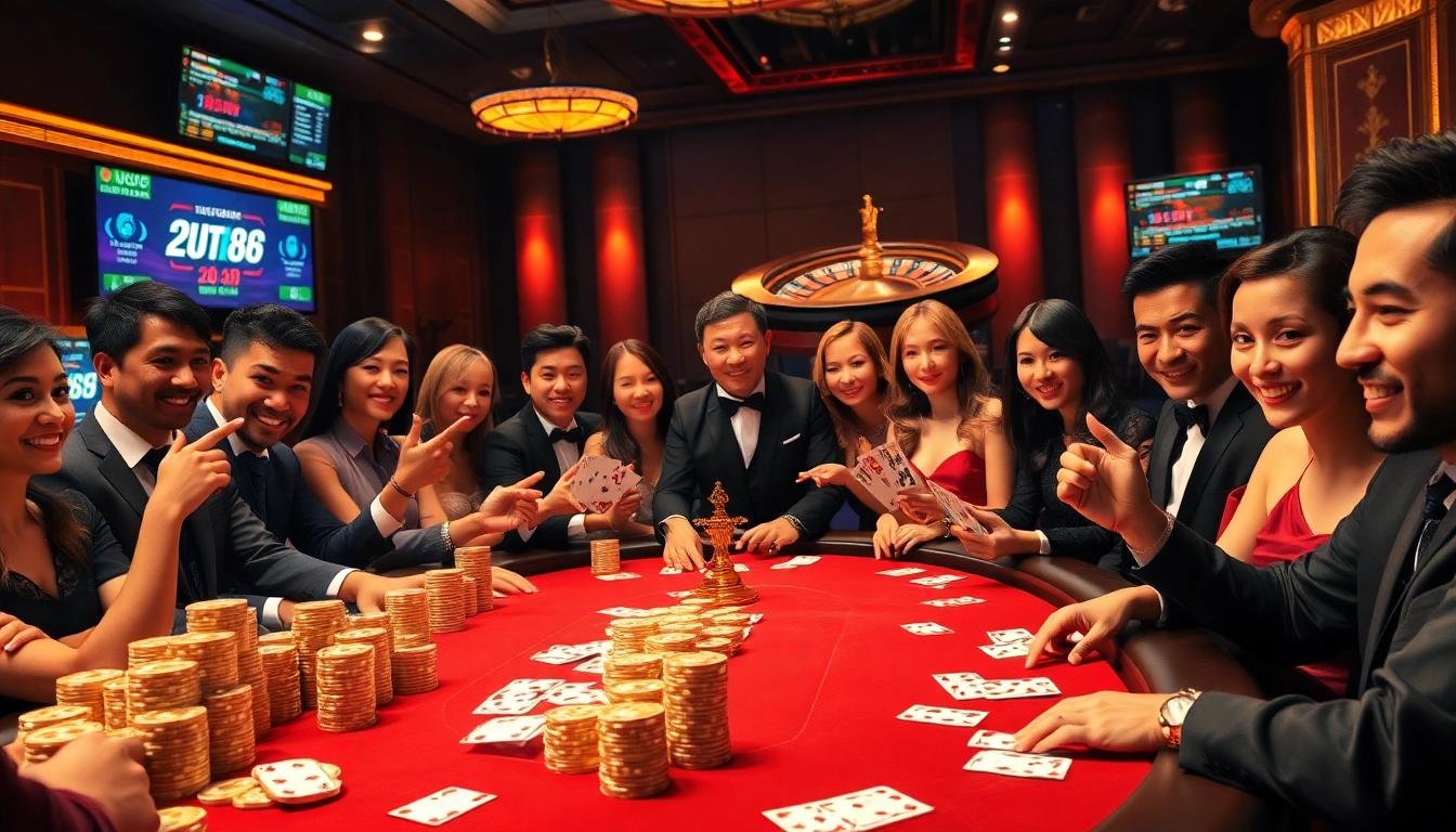 Players enjoying a high-stakes poker game at UU88 Casino, with vibrant colors and excitement.