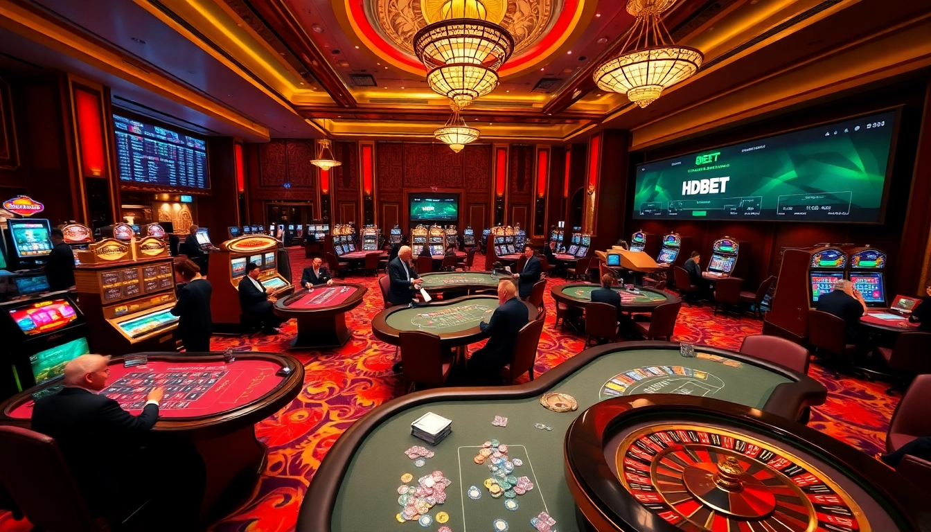 Players engaging in various games at a luxurious casino, highlighting HDBET's vibrant gambling atmosphere.