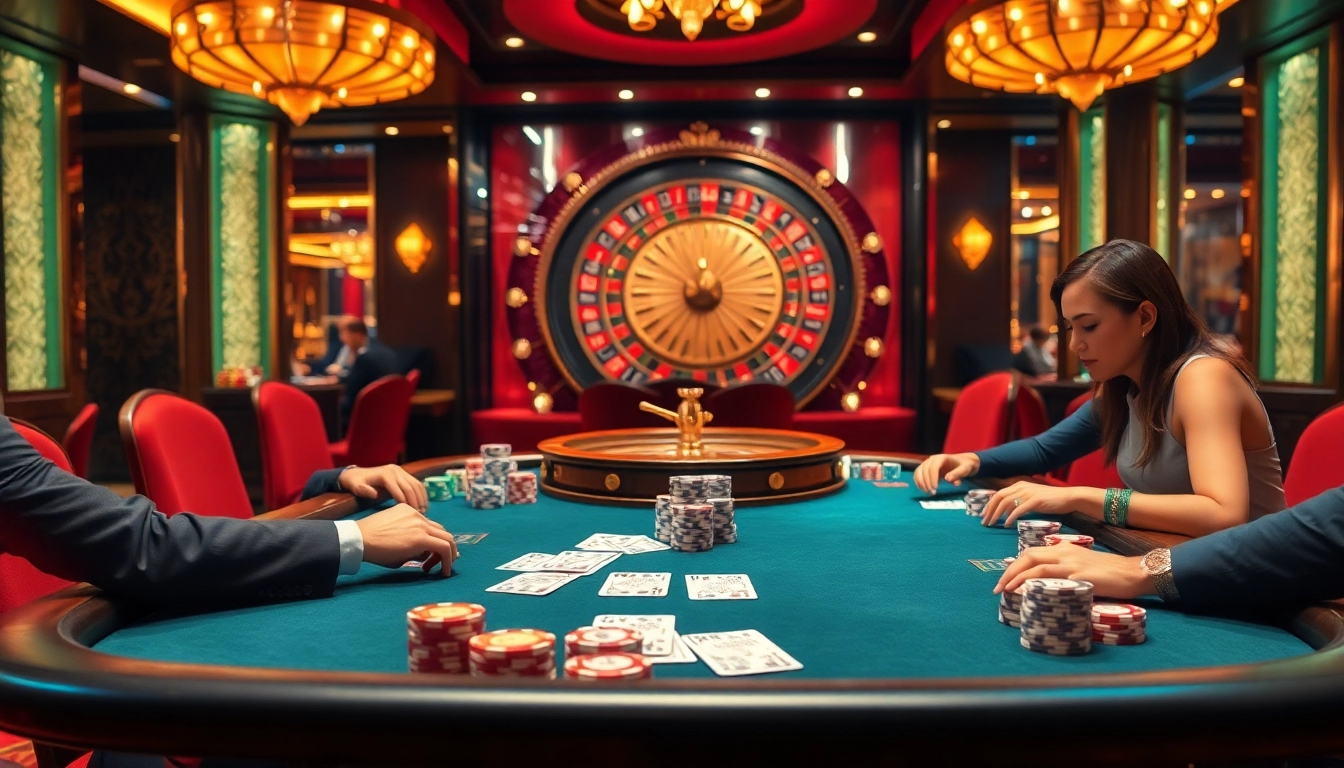 Experience the thrill of 23win with players engaging around a poker table, vibrant casino elements in view.