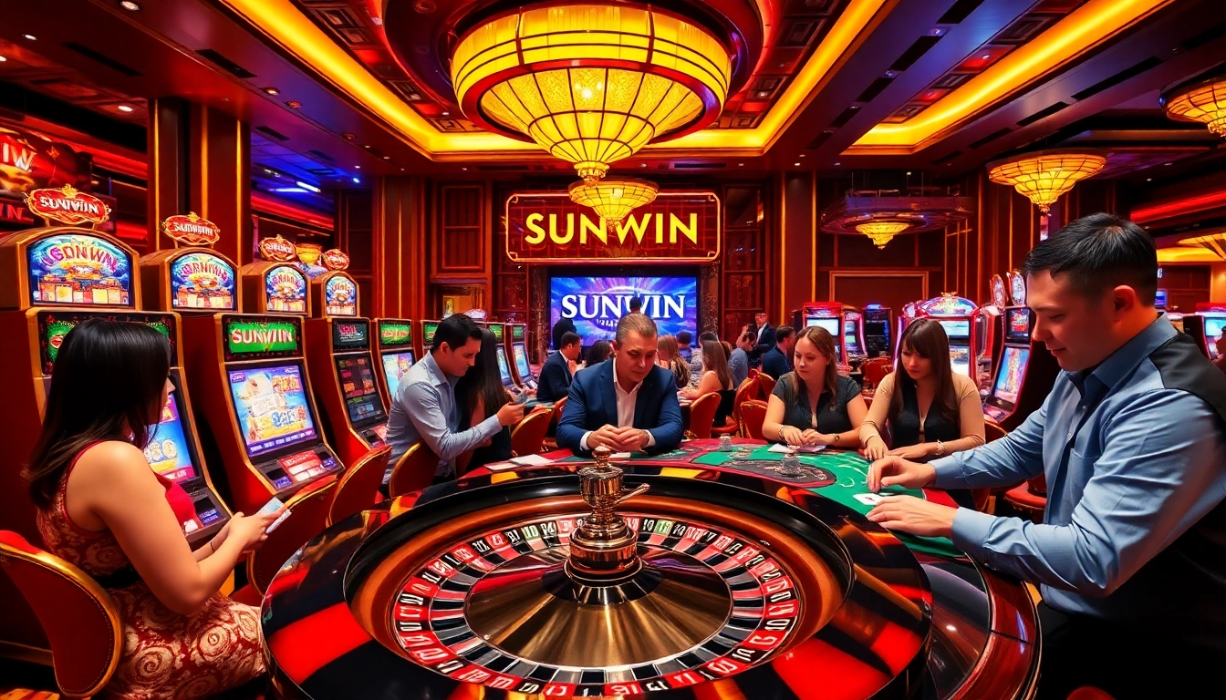 SUNWIN players engage excitedly at a lively roulette table and slot machines in a luxurious casino.