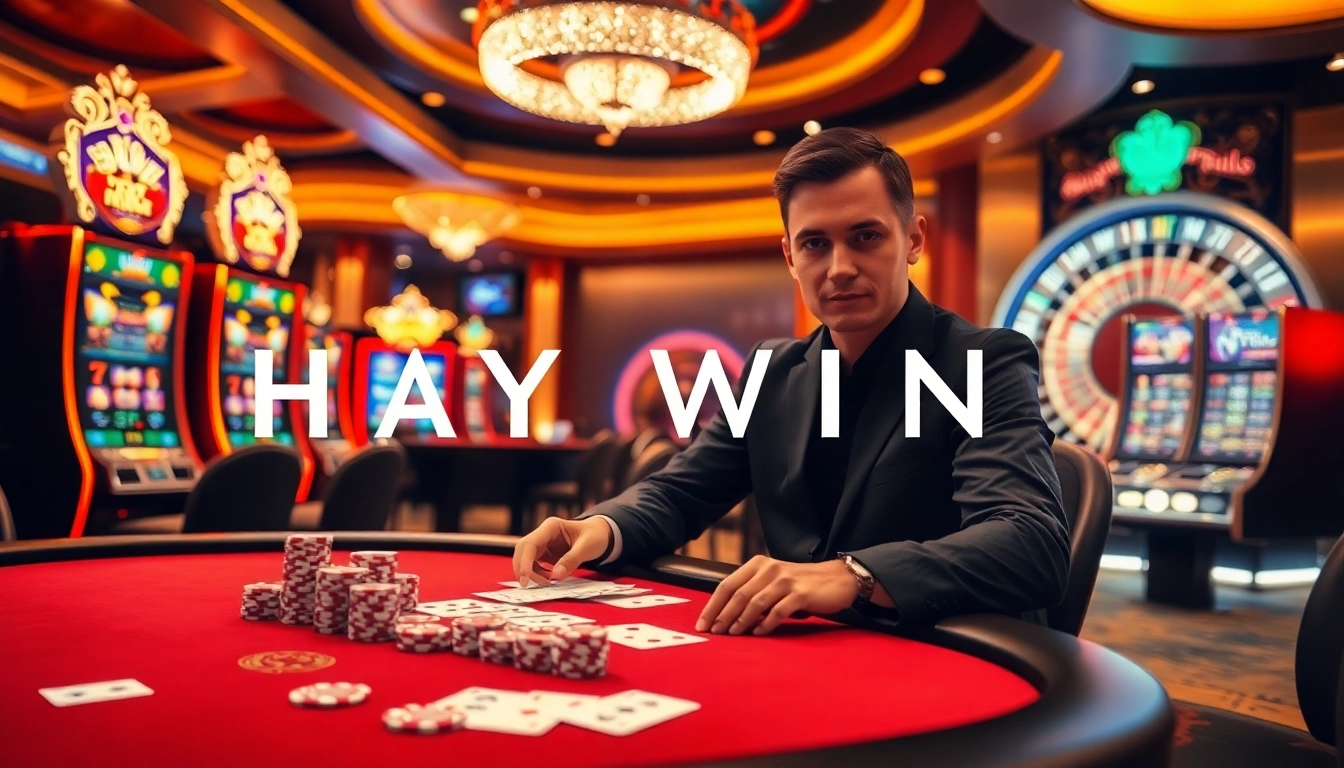 Experience thrilling gameplay at HAYWIN's luxury casino with vibrant slot machines and poker tables.