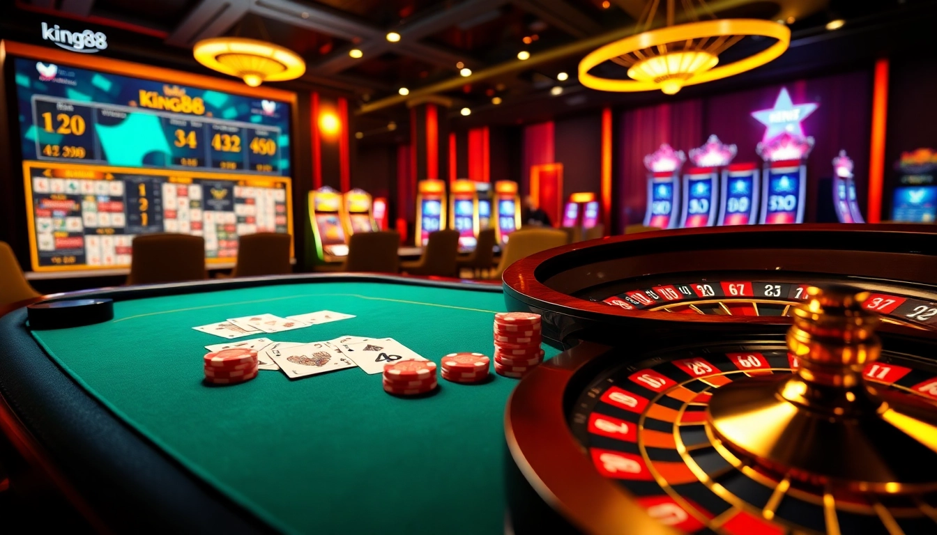 Play exciting games at king88's elite casino, featuring vibrant poker tables and roulette wheels.
