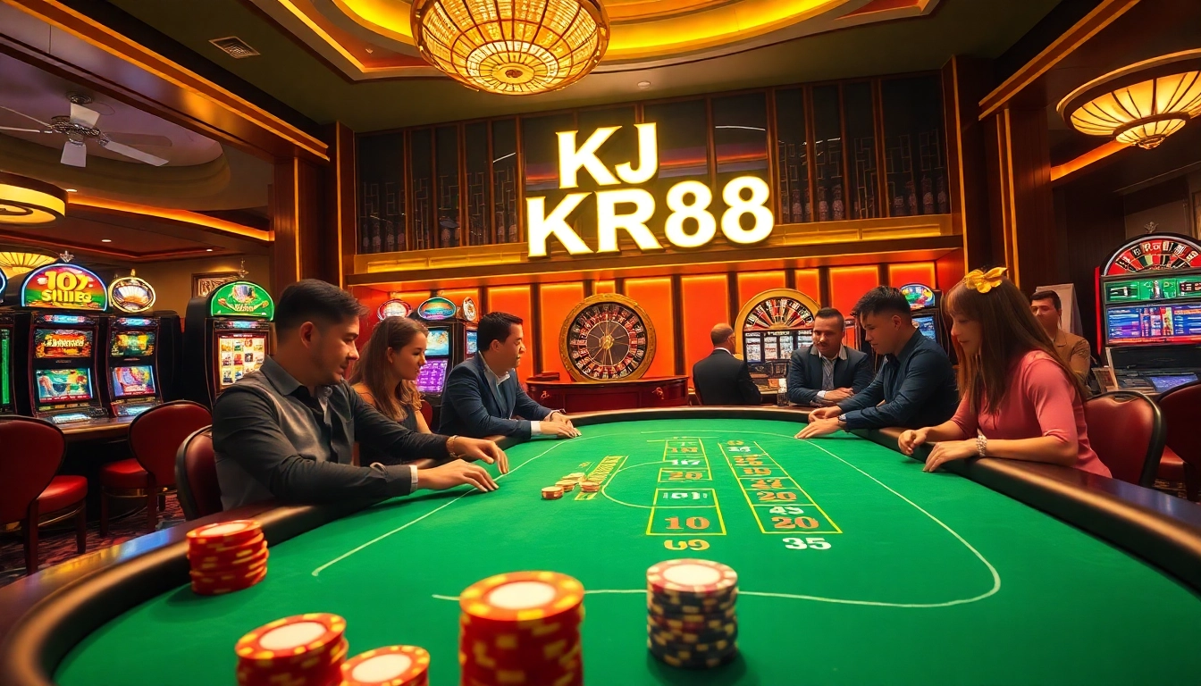 KJC RR88 gaming action at a luxurious casino table with vibrant slots and excited players.