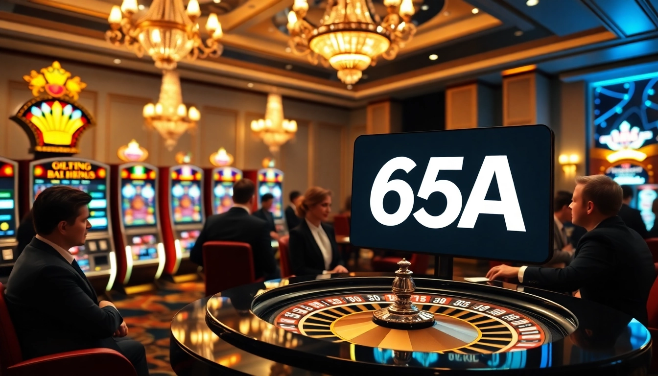 Players enjoying a thrilling game at 65A casino with vibrant slot machines and tables.