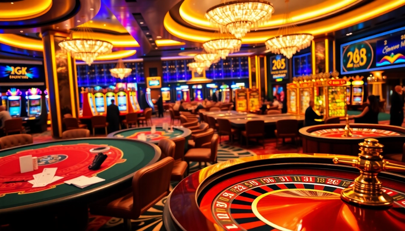 A lively casino scene at https://zk88.club/ showcasing engaged players at poker tables and vibrant slot machines.