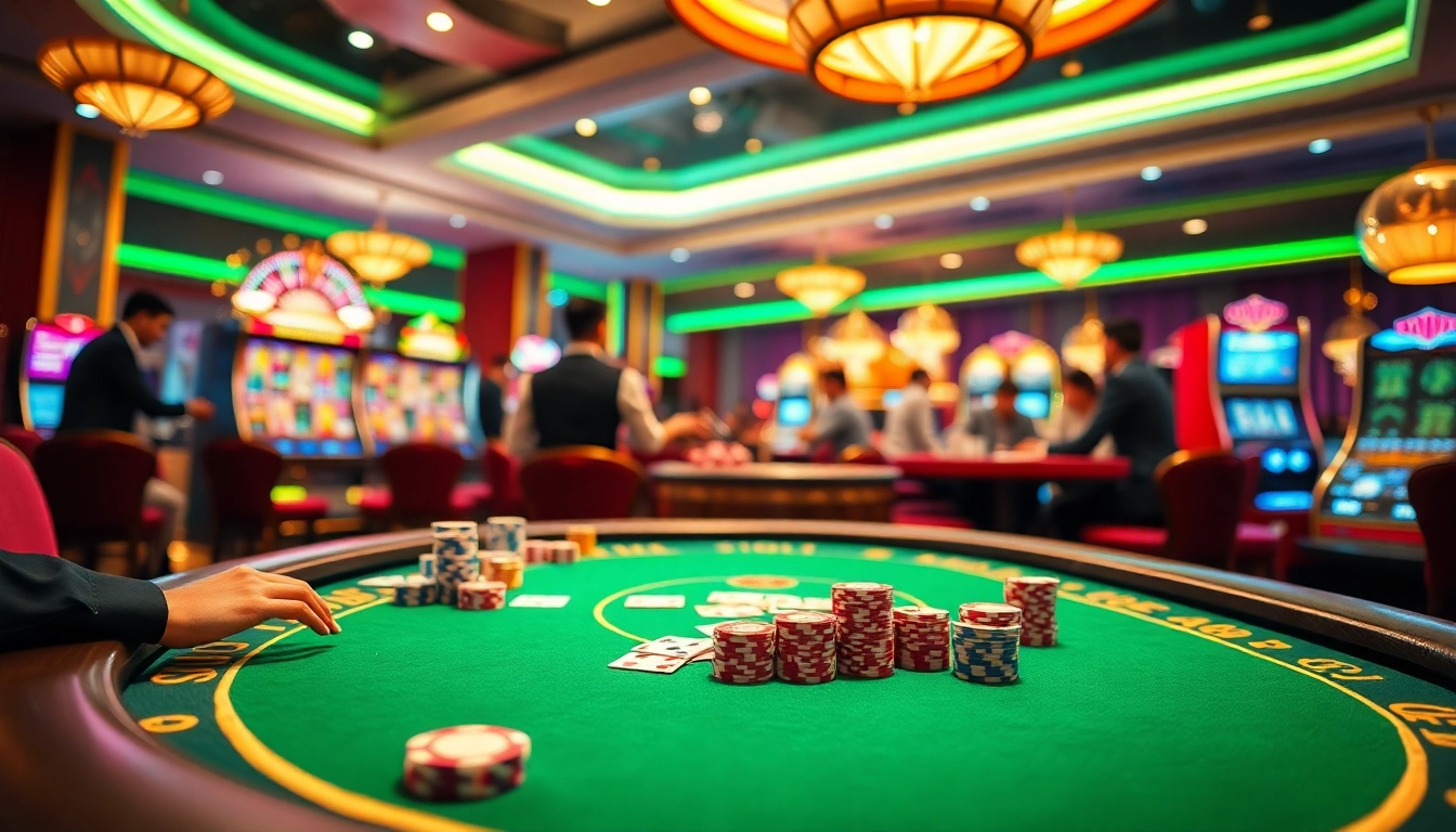 Engaging scene of NK88 casino gaming with poker, roulette, and slot machines.