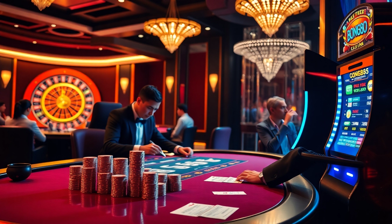 Bong88 players engaging in a high-stakes poker game, showcasing luxurious casino elements and excitement.