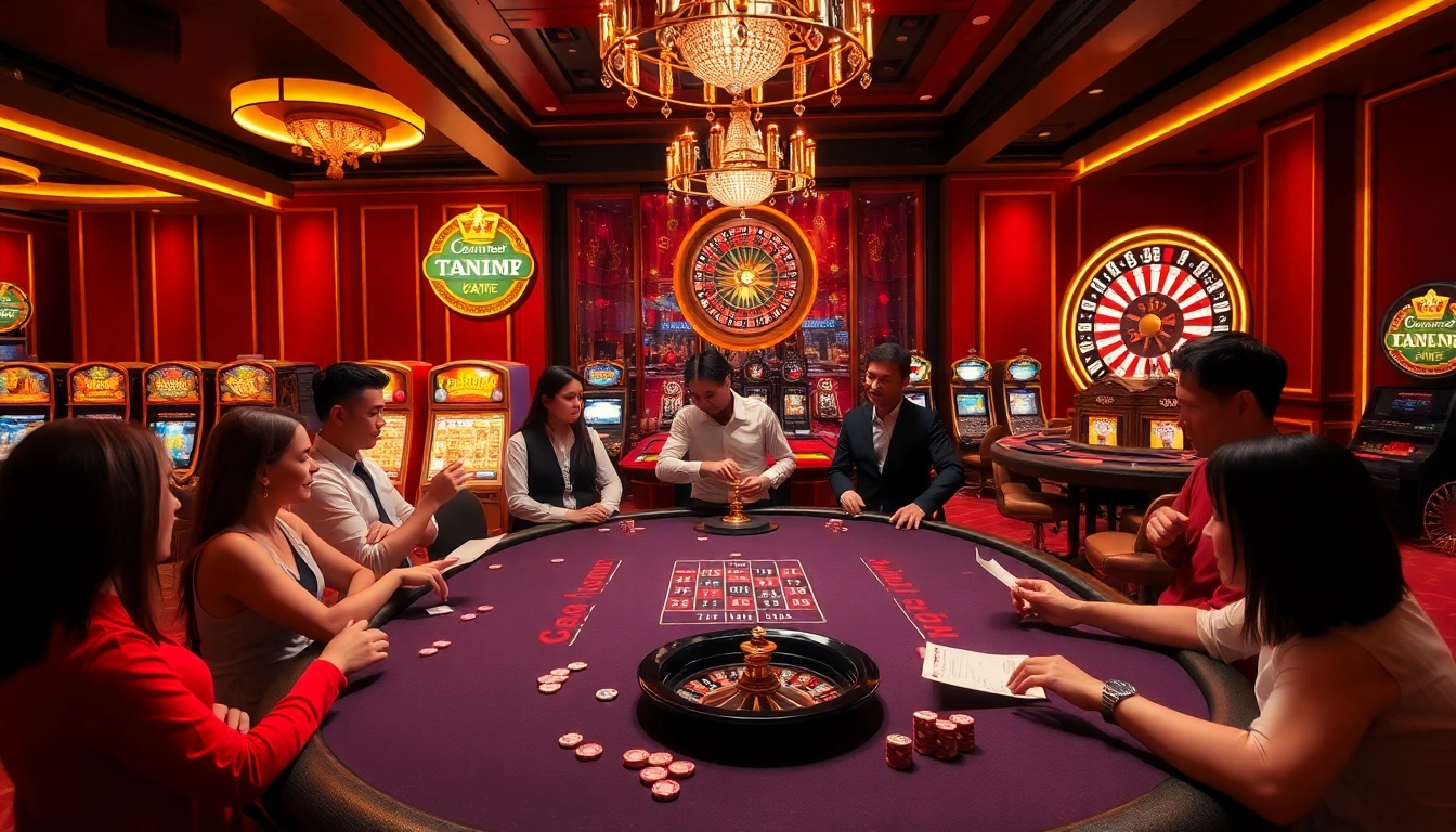 Players engaging in a thrilling poker game at OK9 Dang Nhap, surrounded by luxurious casino elements.