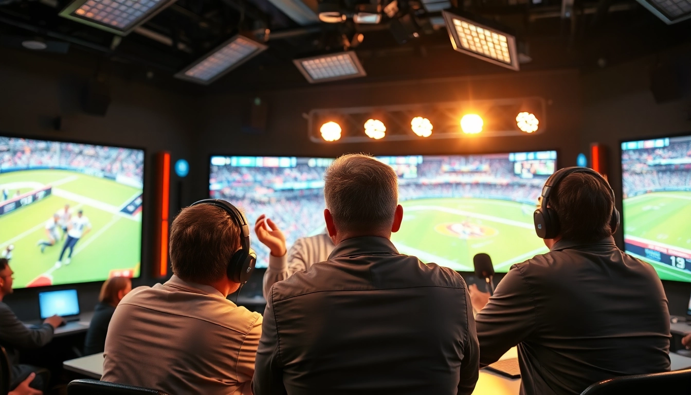 Dynamic scene showcasing Sports Broadcasting host engaging with audience in a vibrant studio.