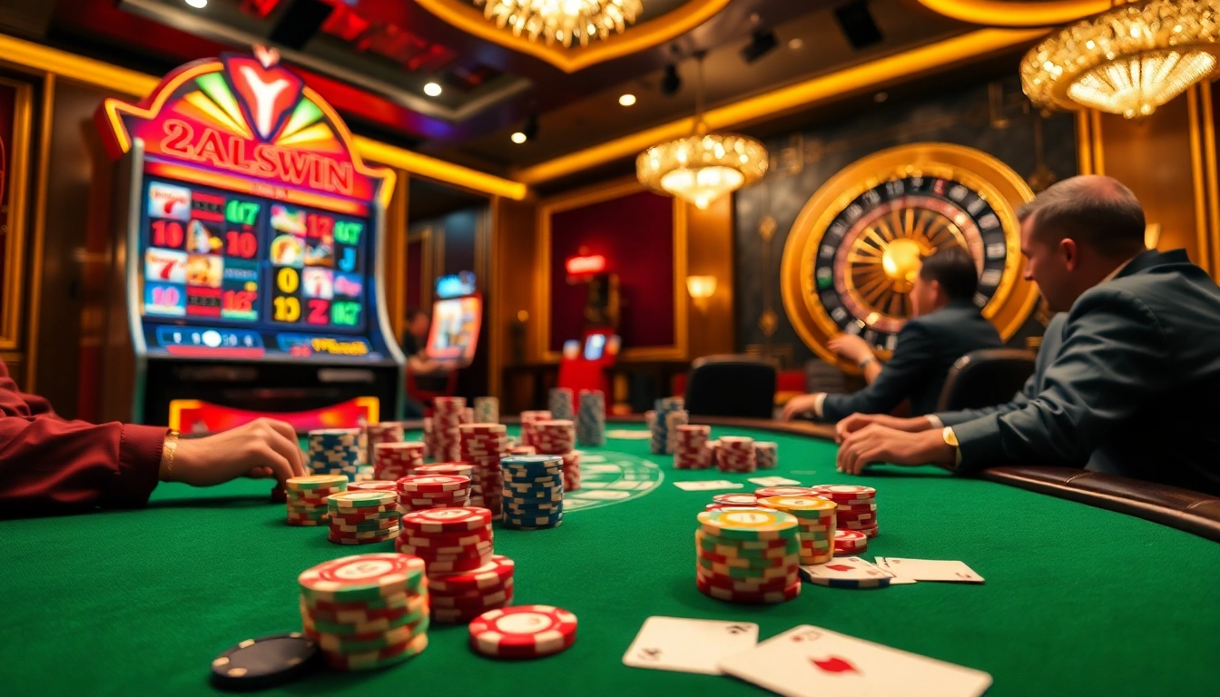 Players engaged in a high-stakes poker game at 33win, with vibrant poker chips and dynamic casino atmosphere.