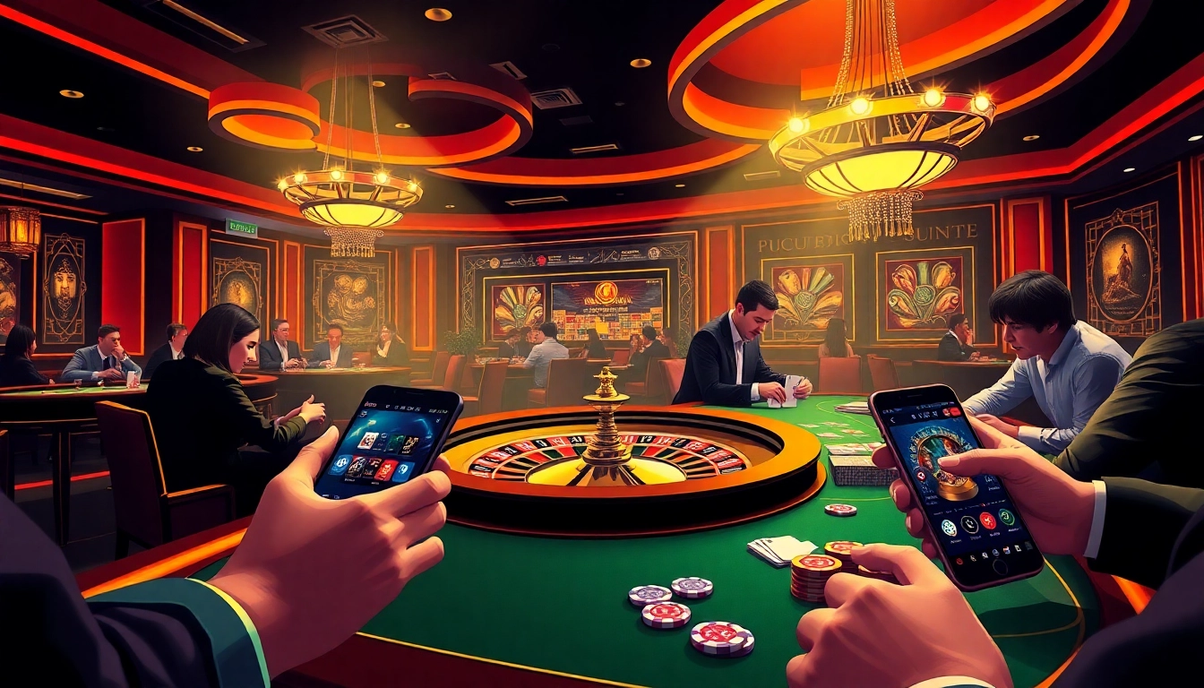 Engage in a thrilling online gambling experience at mb66.nyc with an exciting casino scene showcasing vibrant games.