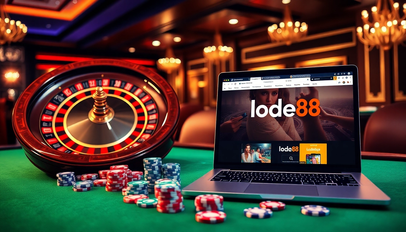 Lode88 online gaming interface with casino elements, vibrant poker chips on a roulette table.