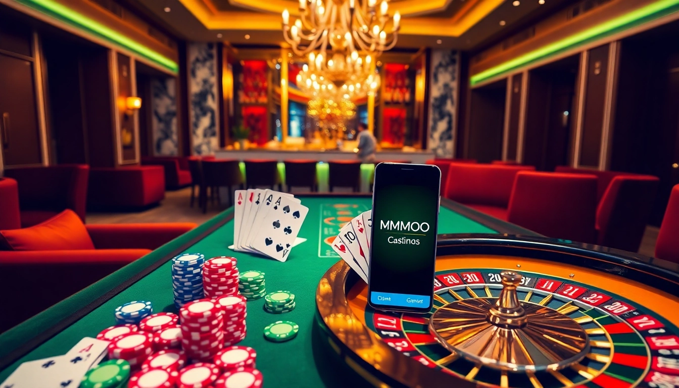 Experience the thrilling atmosphere of MMOO with vibrant poker games and roulette excitement.