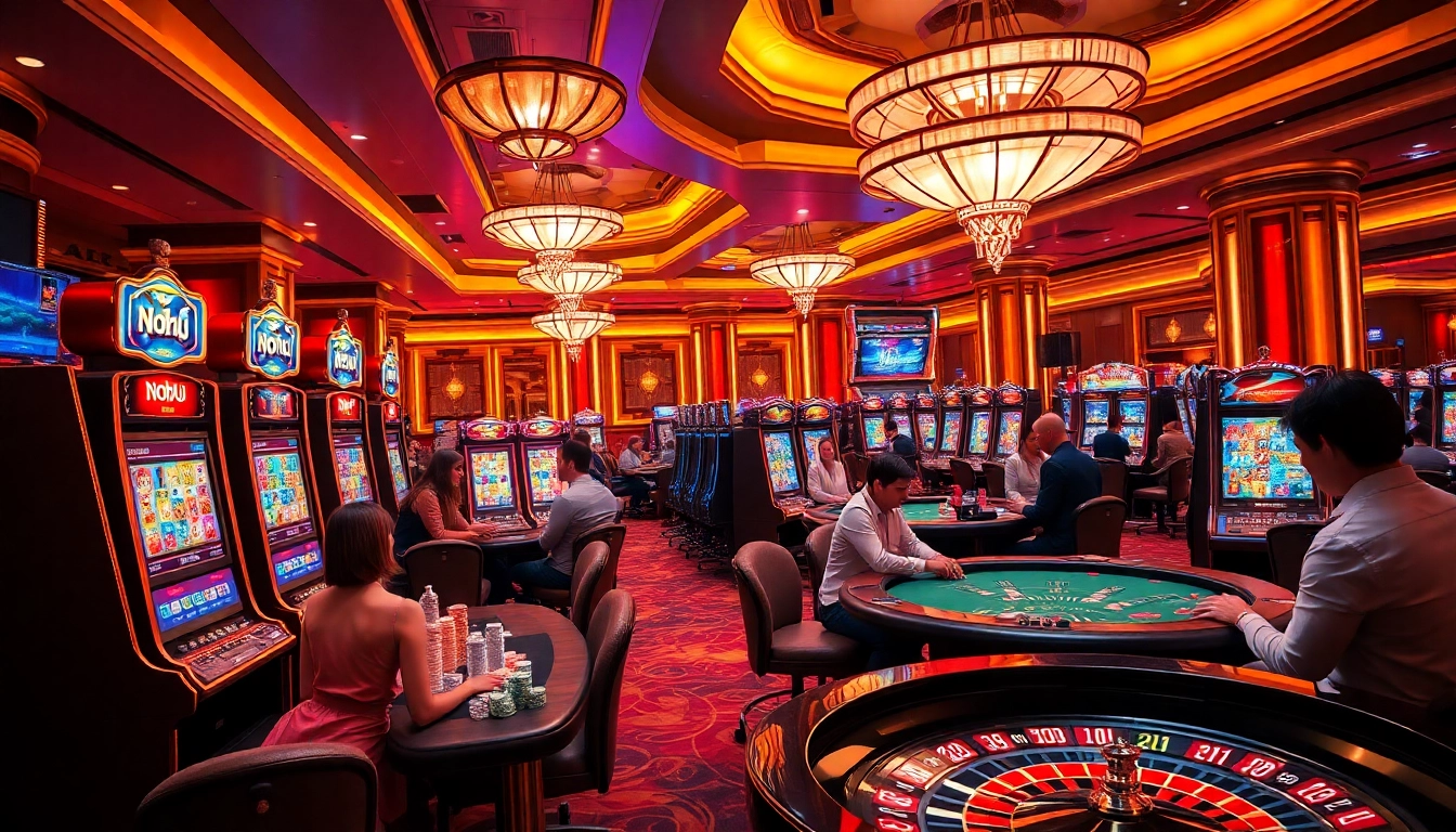 Players celebrating wins at the vibrant Nohu slot machines in a luxurious casino.