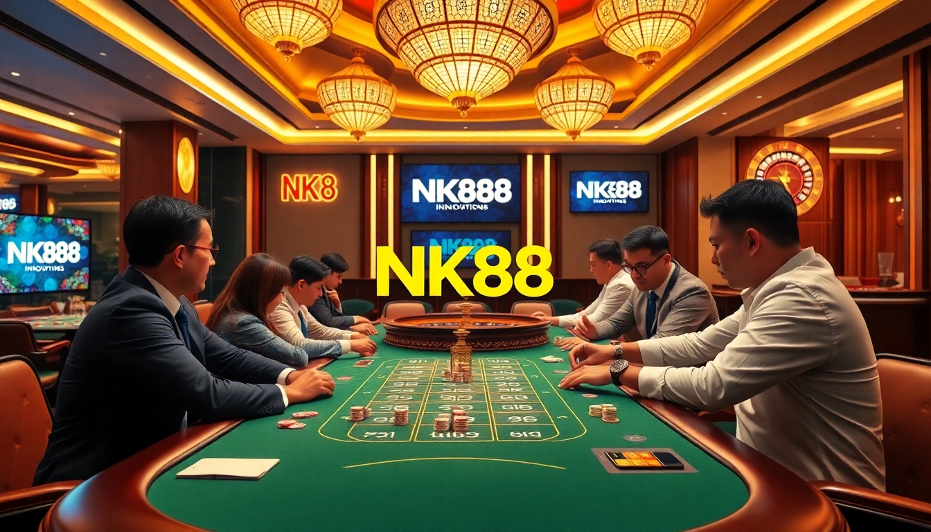 NK88 gaming experience with vibrant poker action, dealers, and roulette wheel.