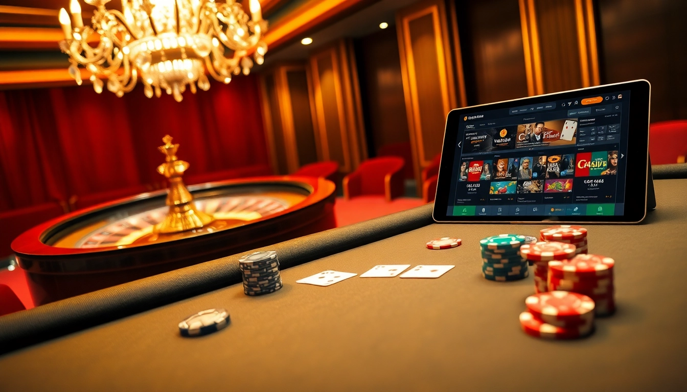 Engaging casino scene showcasing hm88.bike with poker table and roulette wheel.