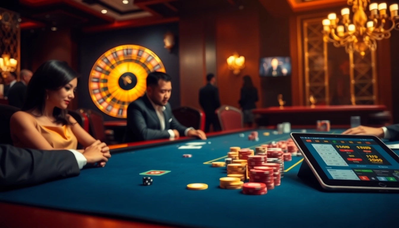 Exciting casino scene with players at a poker table and a roulette wheel, showcasing 789p gambling.