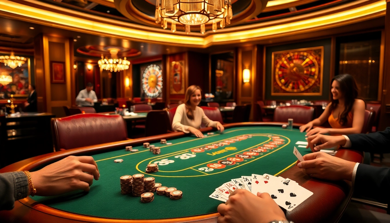Players strategizing at a 32WIN poker table amidst a luxurious casino atmosphere.