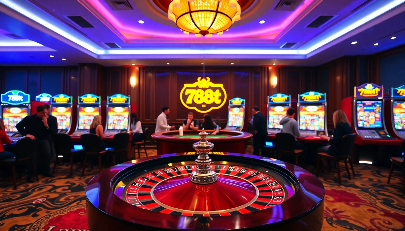 Gambling excitement at a luxurious casino with 788t branded slot machines and roulette table.