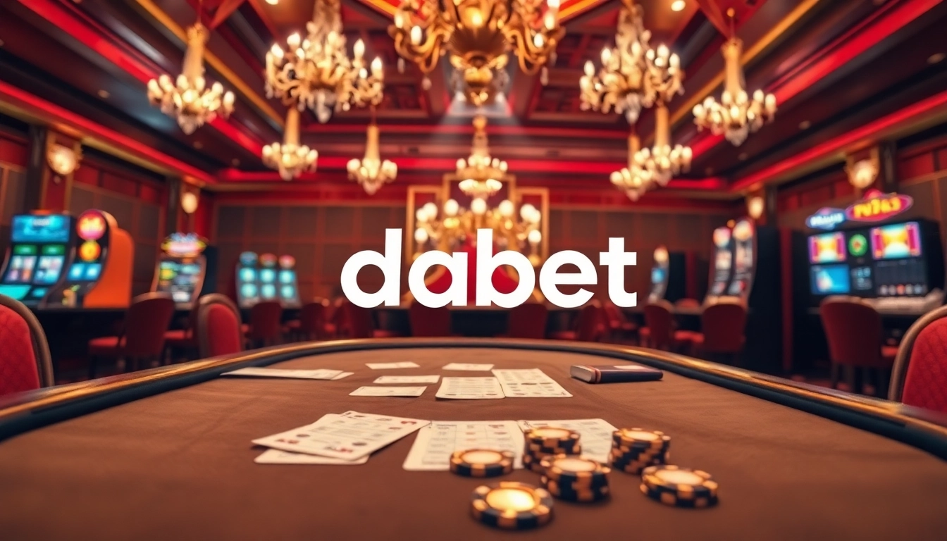 Join dabet players in an exciting online casino scene featuring vibrant poker chips and slots.