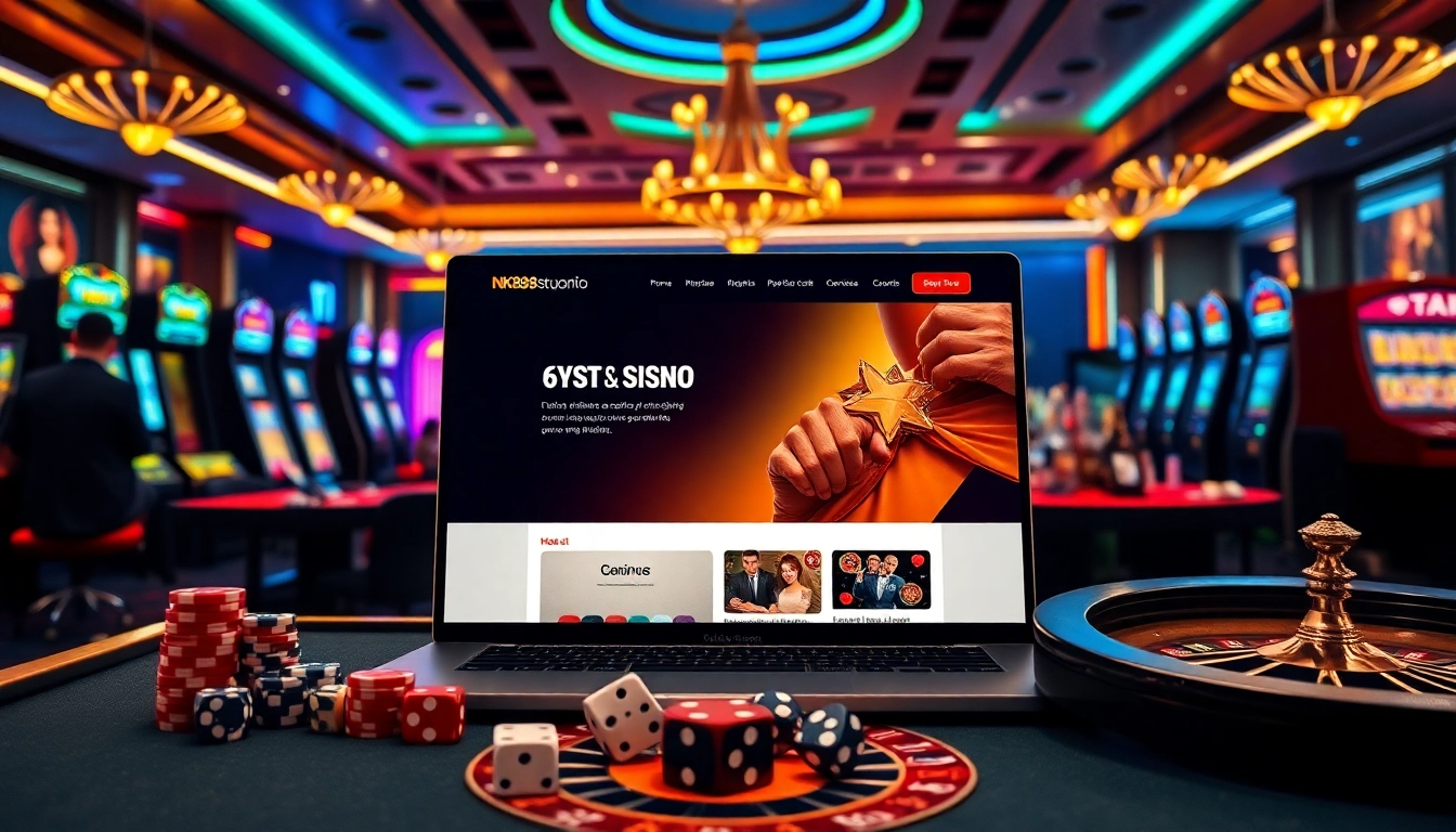Exciting online gaming action with https://nk88s.com/ showcasing luxury slots and poker tables.