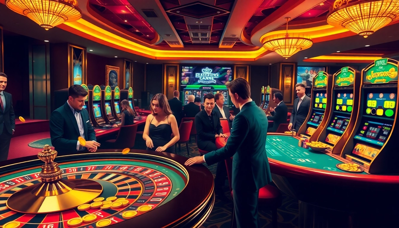 Exciting gambling experience at tr88vip.co.com with players at roulette and poker tables.