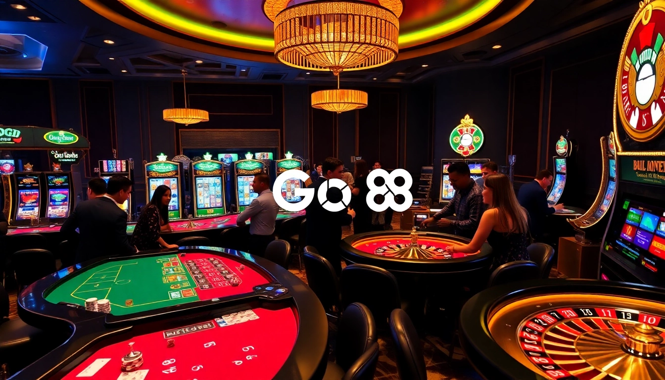 Go8 casino scene showcasing vibrant slot machines and engaged players at gaming tables.