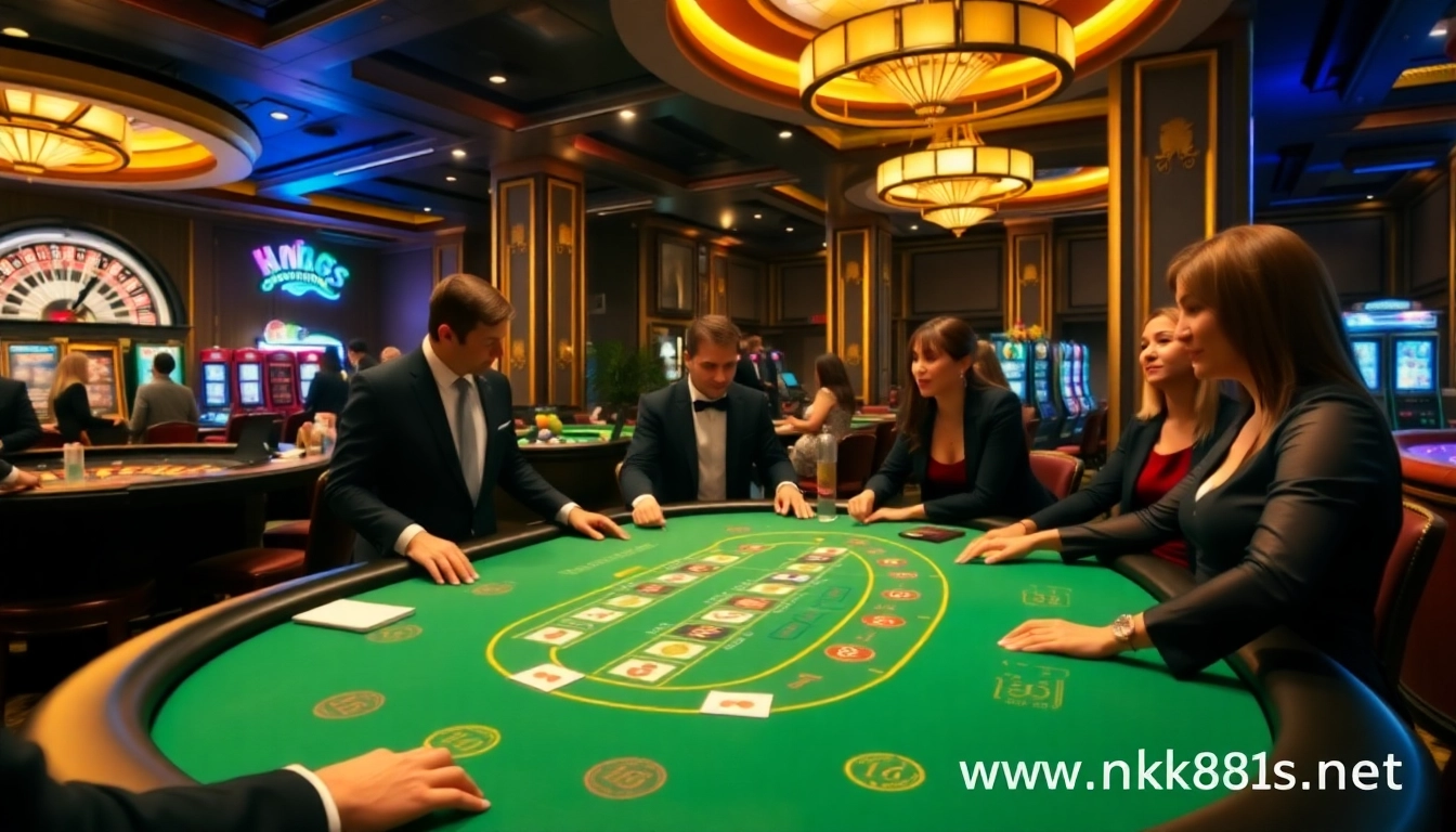 Engaged players at a Blackjack table, experiencing excitement at https://nk88s.net/ with vibrant casino ambiance.