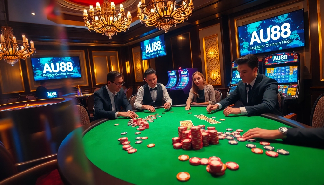 Experience the thrilling excitement of AU88 casino with a vibrant poker table and dynamic gameplay.