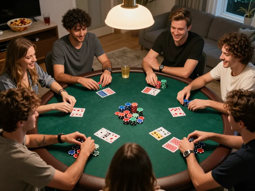 Friends engaging in an exciting poker game night using PH22 strategy at home with colorful chips and cards.