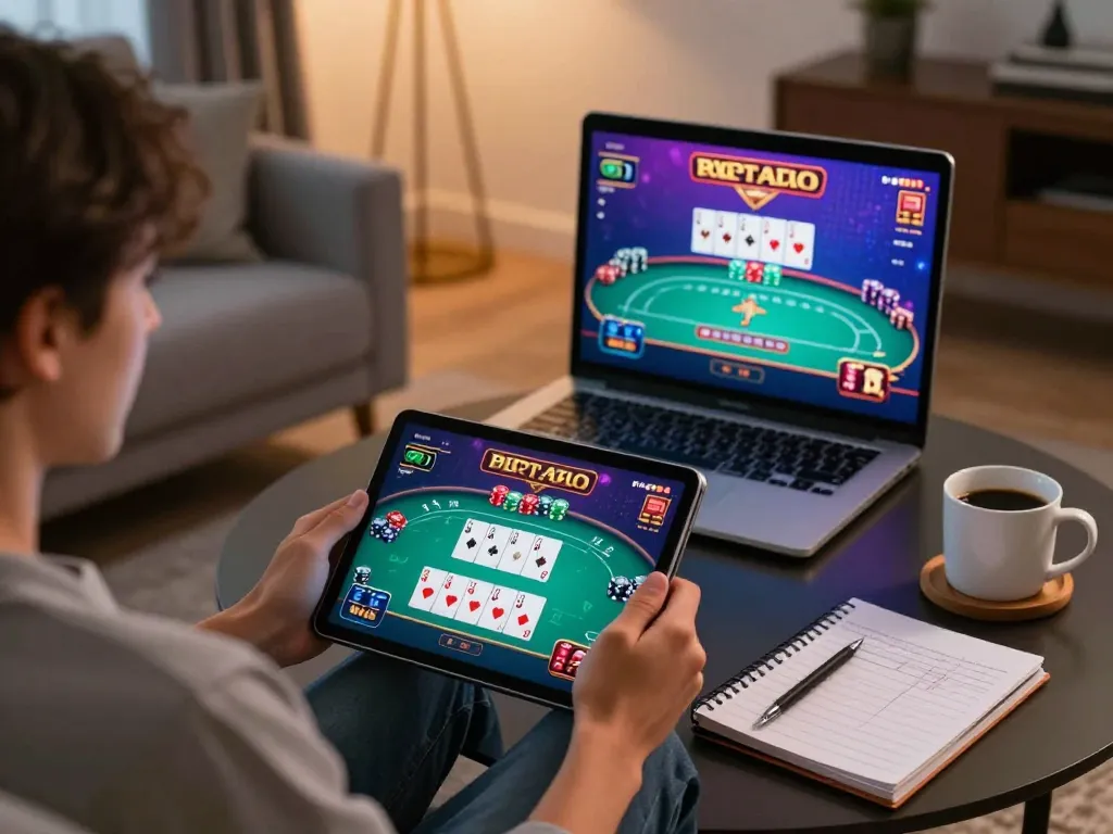 Engaged player using uu8855 tablet for online casino gaming in a cozy home setting.