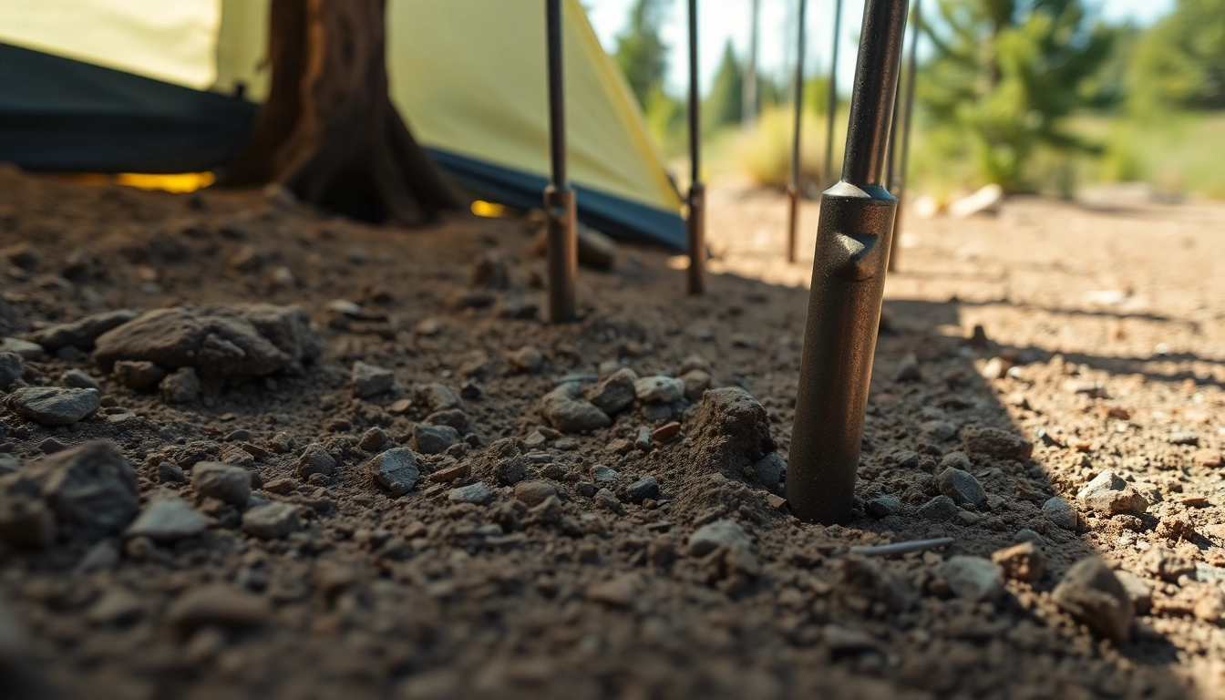 יתד אנקור שמאבטח ציוד חיצוני בסוגי אדמה שונים באור יום בהיר.