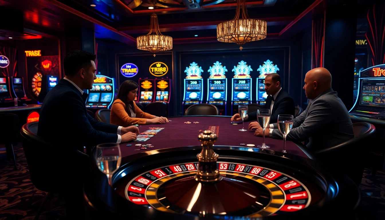 Players at a luxurious poker table enjoying the thrill of tr88 gaming in an upscale casino.