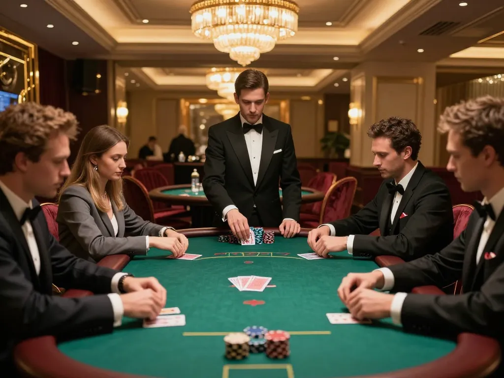Players engaged in an intense tg88 poker game in a luxurious casino setting, showcasing strategy and excitement.