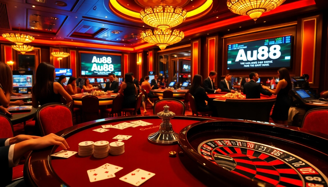 Exciting poker game at au88 casino with vibrant decor and attentive dealers.