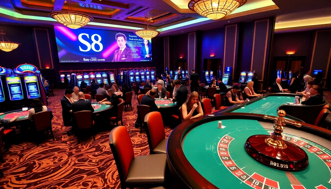 S8 casino scene showcasing poker chips and gaming tables for an exciting gambling experience.