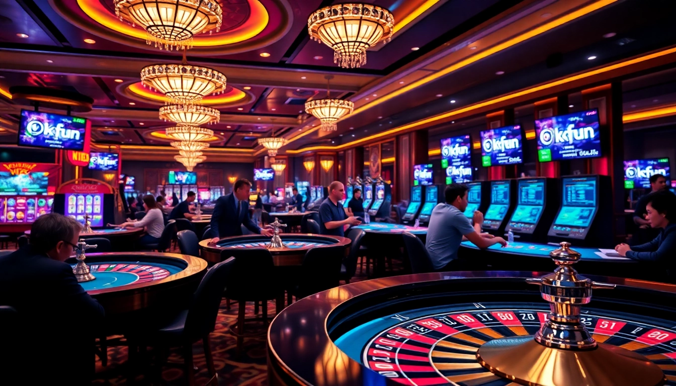 Exciting casino experience featuring okfun branding and vibrant gambling activities.