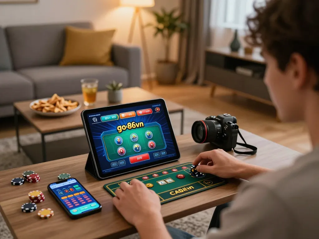 Player enjoying online gaming on go86vn app in a cozy living room with exciting gameplay.