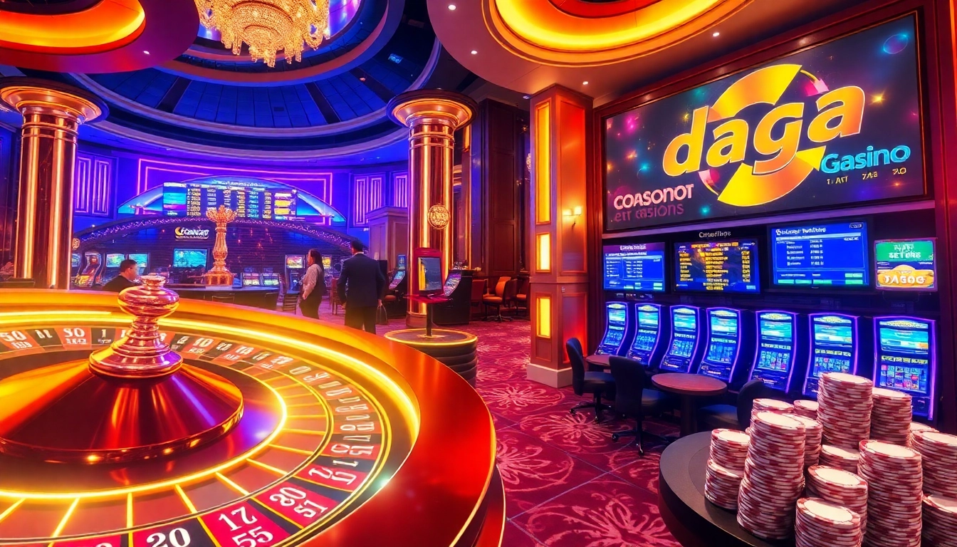Daga casino scene featuring a vibrant roulette wheel, engaged players, and luxurious decor.