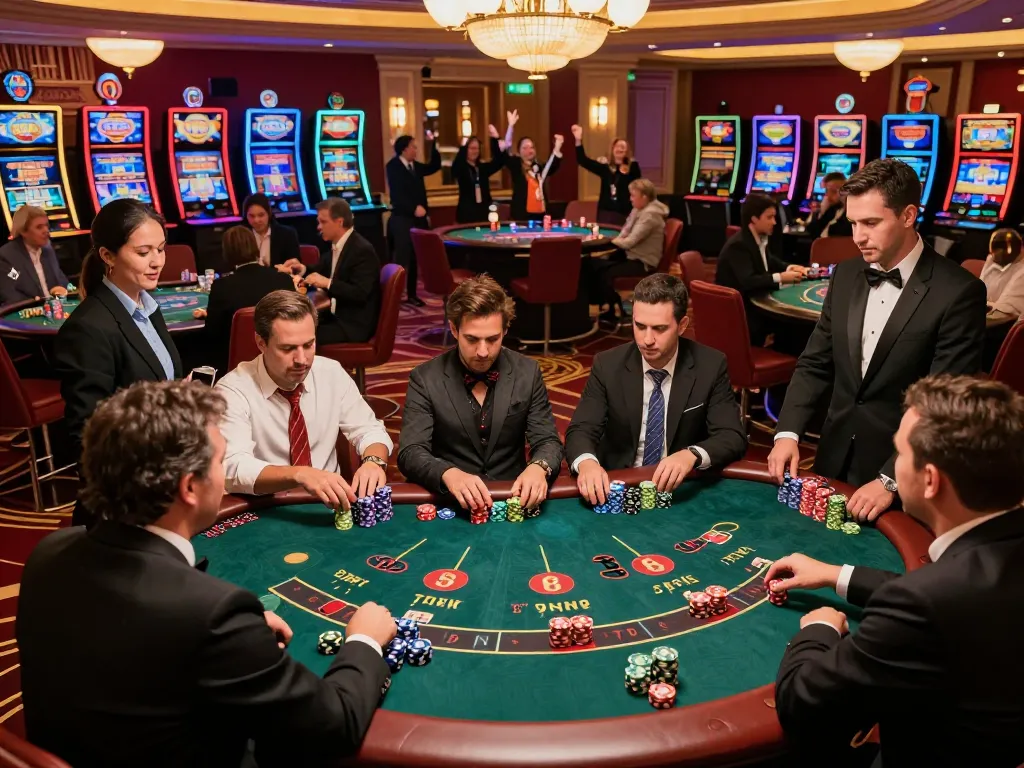 Players enjoying blackjack at a bustling casino, showcasing the excitement of ok365 gaming strategies and vibrant atmosphere