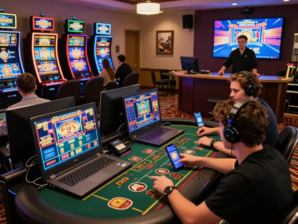 Players enjoying games on vipwin2, engaging in vibrant online casino atmosphere with multiple screens.