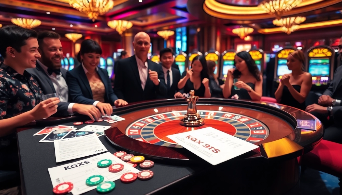 Players checking Kqxs results while enjoying a vibrant casino atmosphere.